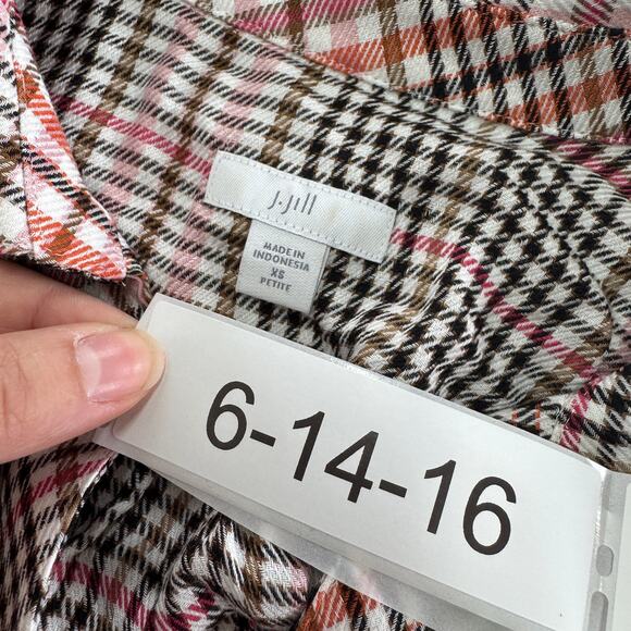 J.Jill Top Womens X Small Petite Pink Tea Rose Plaid Ruffled Button Front Blouse - Picture 5 of 10